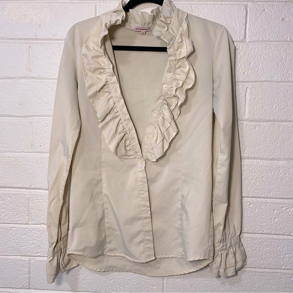 Ruffle Neck Vintage Style Blouse Cream Ivory Ruffly Wrist Button Down Up sm flaw - Picture 1 of 12